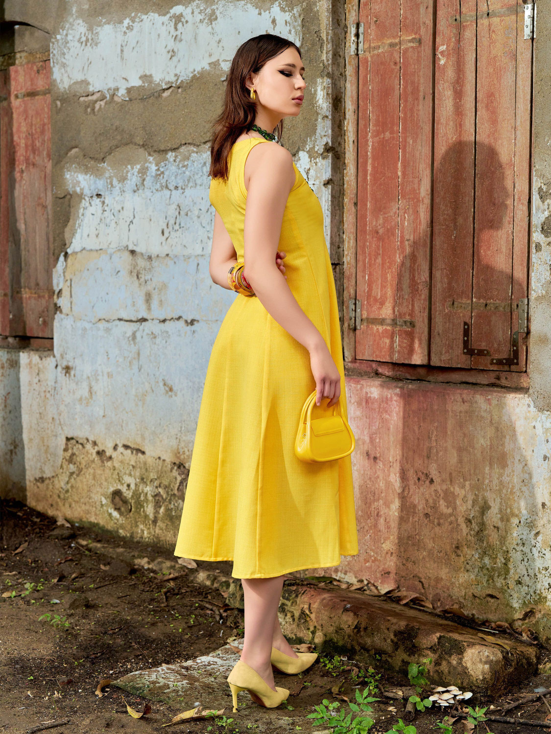 Image of PURVAJA Women Fit and Flare Yellow Below Knee Dress