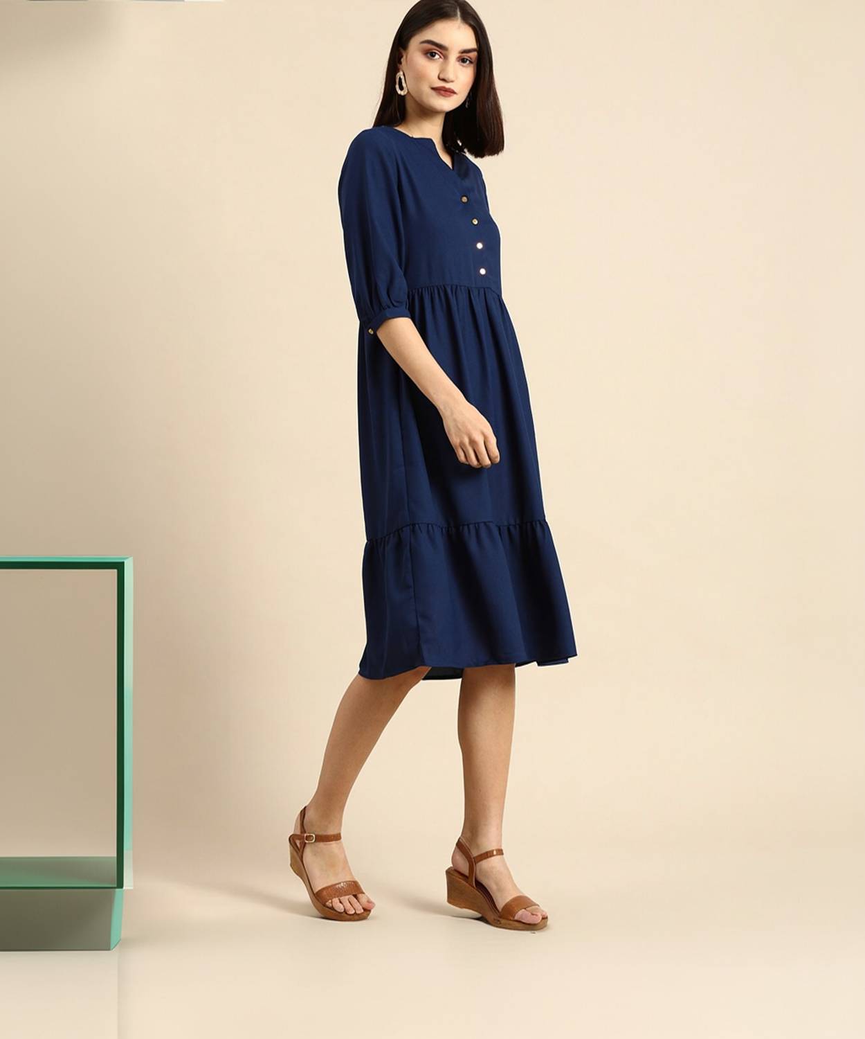all about you Women Tiered Dark Blue Knee Length Dress
