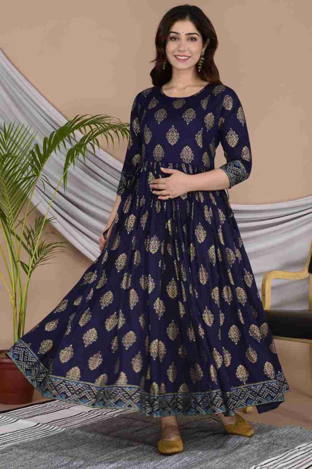 Gujari Women Floral Print Viscose Rayon Anarkali Kurta (Dark Blue