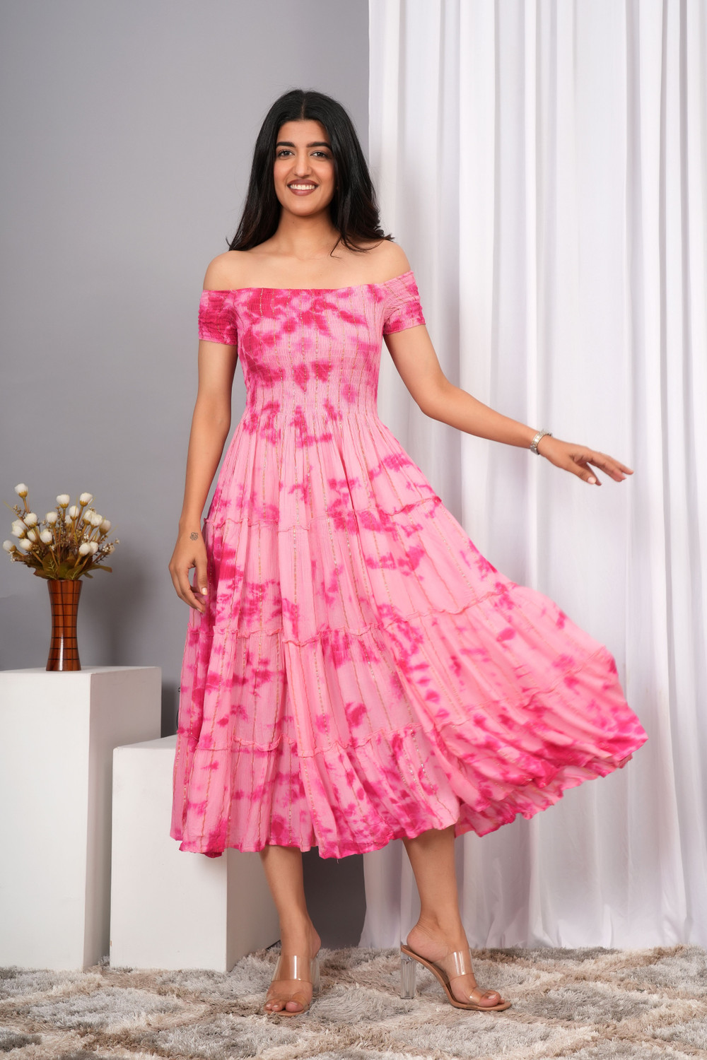 Image of VYMO Women Fit and Flare Pink Midi /Calf Length Dress