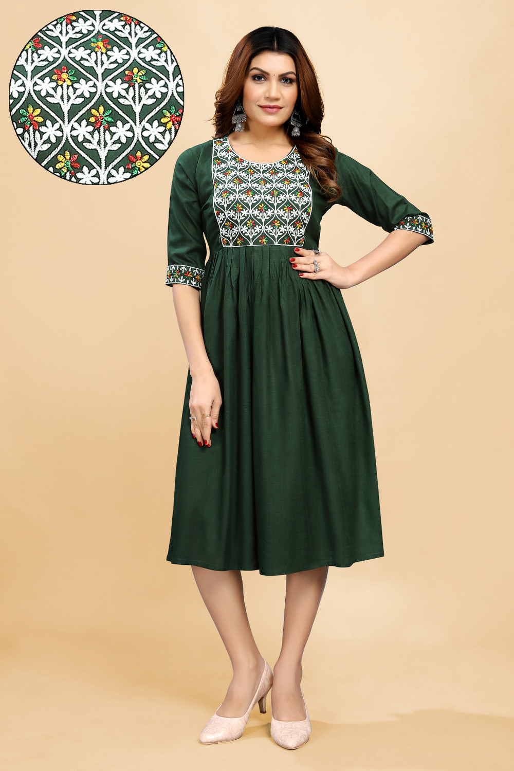 Image of sheladiya Women Fit and Flare Dark Green Midi /Calf Length Dress