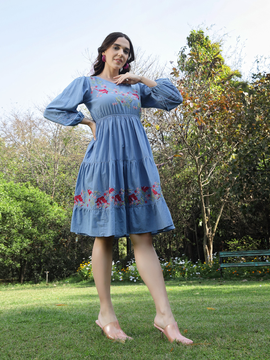 Image of Stylum Women Fit and Flare Blue Knee Length Dress