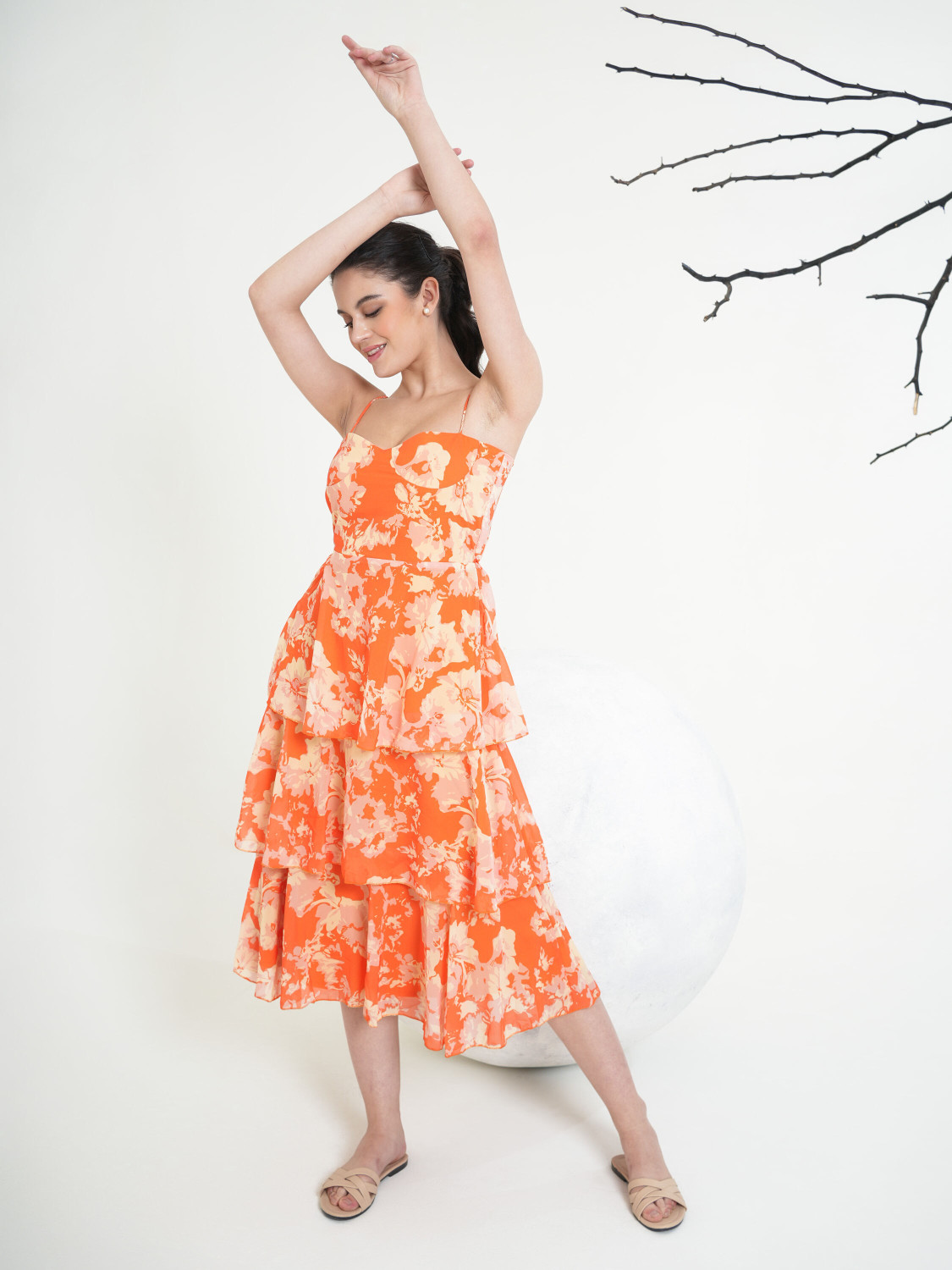 Image of PURVAJA Women Layered Orange Midi /Calf Length Dress