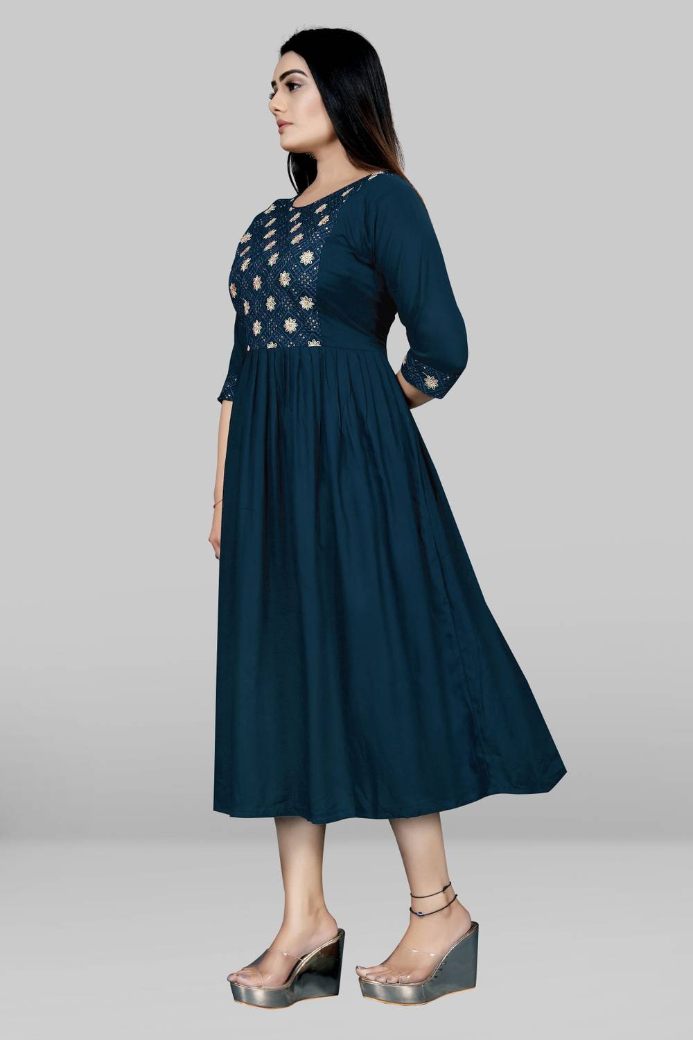 sheladiya Women Fit and Flare Blue Midi Dress - Image 3