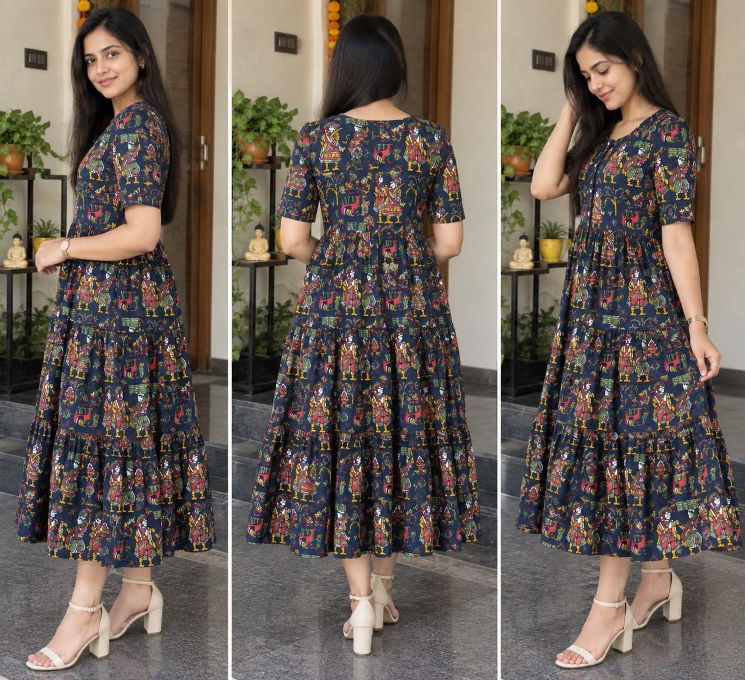 Image of FYMC Women Ethnic Dress Dark Blue Midi /Calf Length Dress