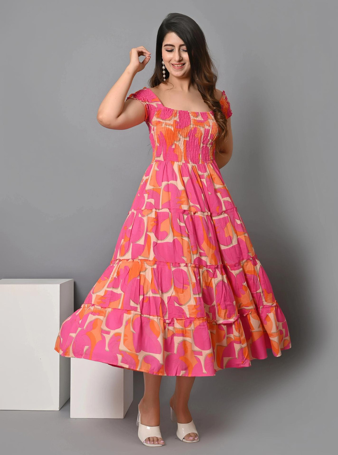 VYMO Women Fit and Flare Multicolor Midi/Calf Length Dress