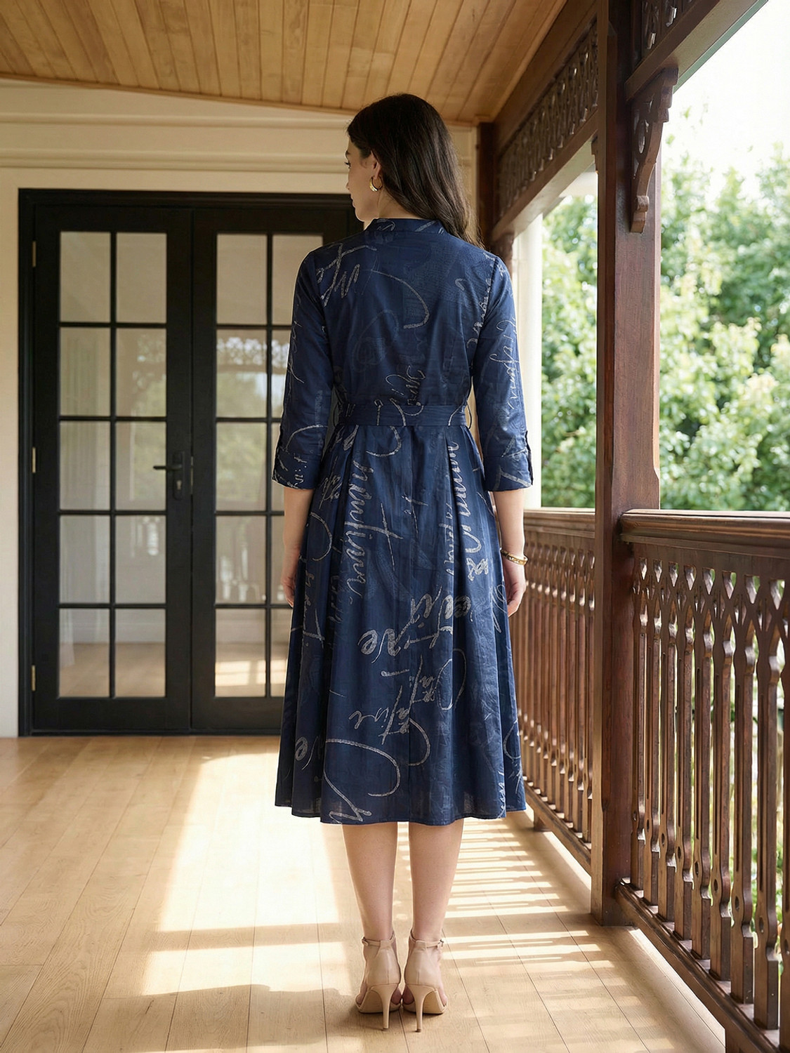 Image of ZUMMER Women Fit and Flare Blue Below Knee Dress