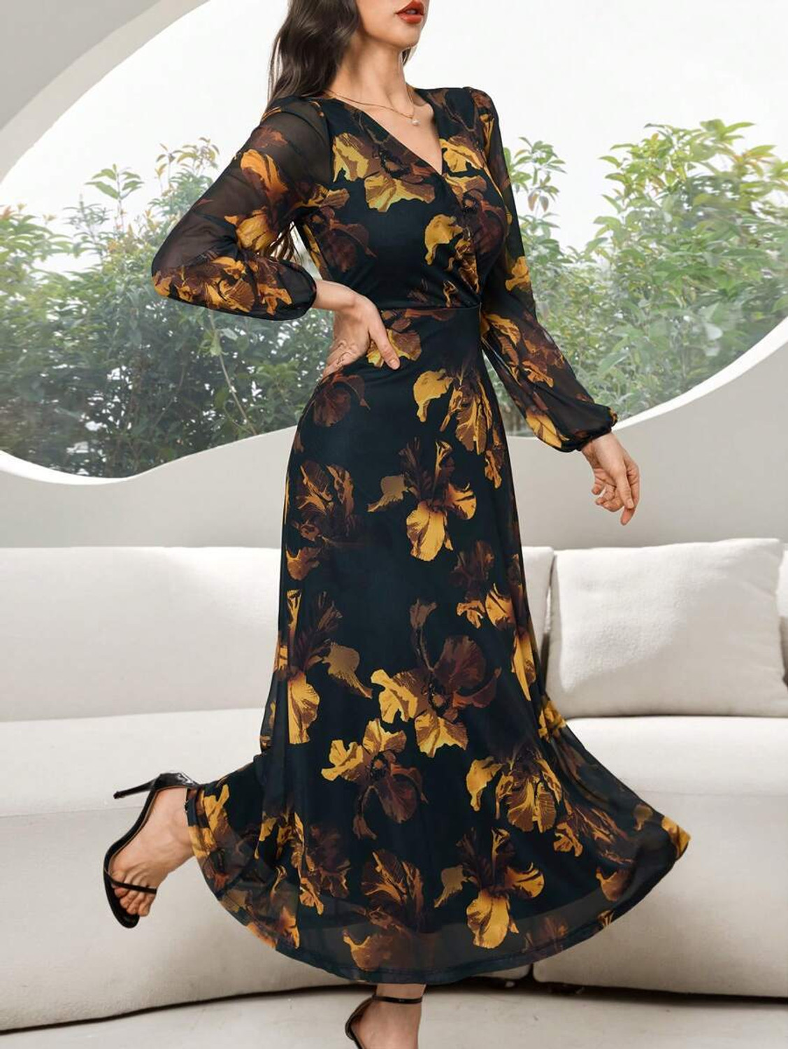 Image of Nautiful Women Wrap Black, Yellow Maxi /Full Length Dress