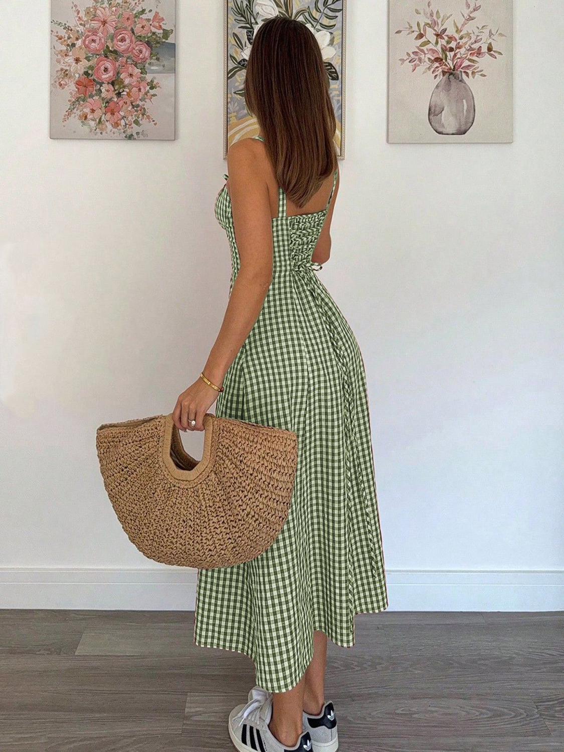 Image of METRONAUT Women Fit and Flare Green, White Midi /Calf Length Dress