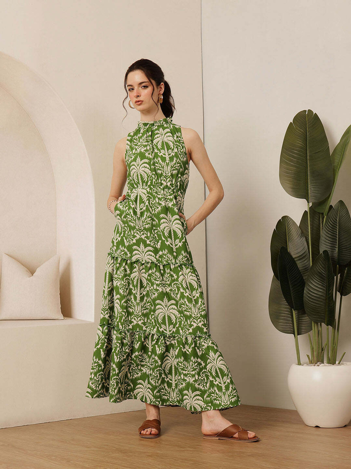 Image of STREET9 Women Fit and Flare Green Below Knee Dress