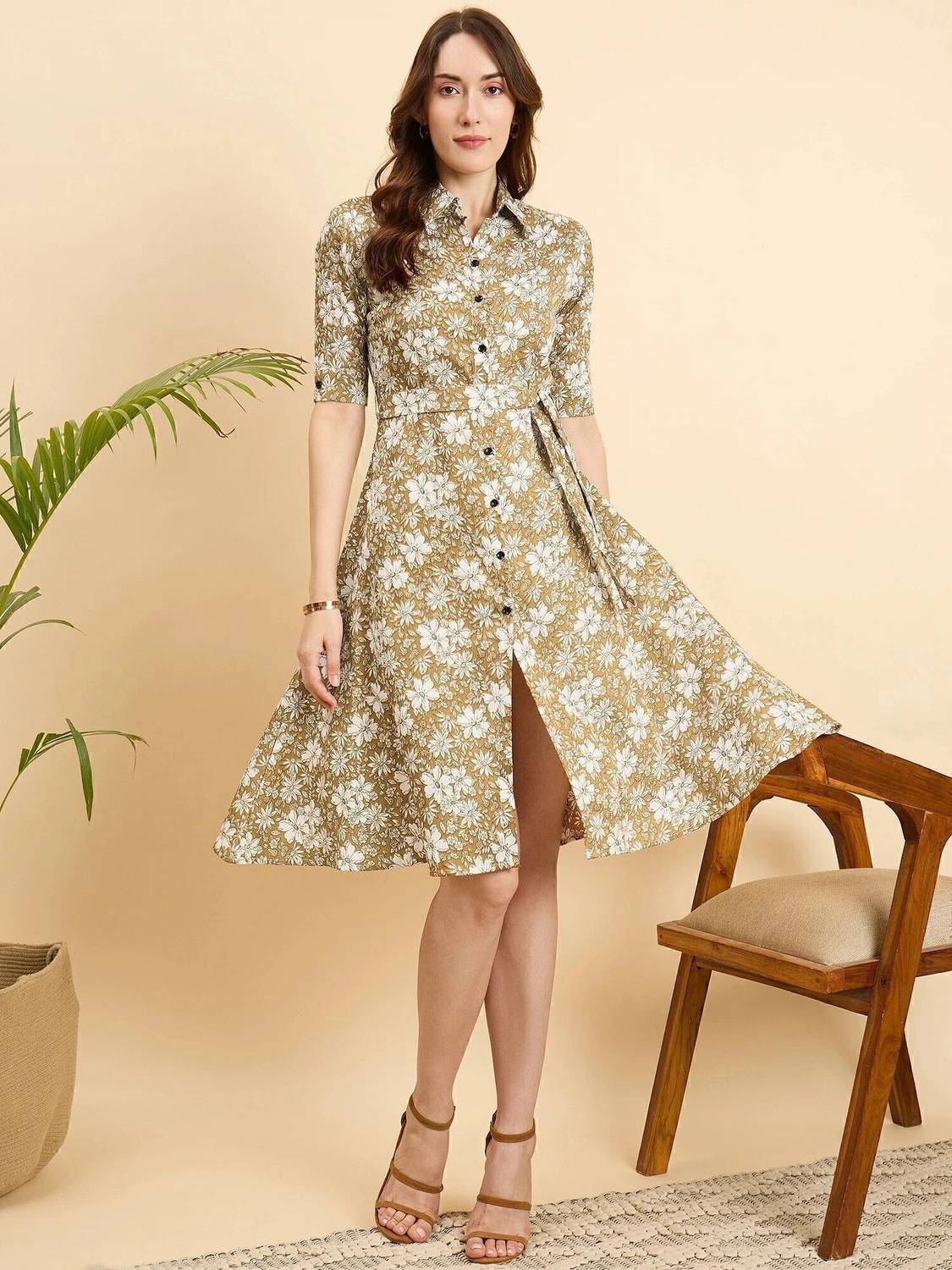 AA-HA! Women Fit and Flare Beige, White Knee Length Dress