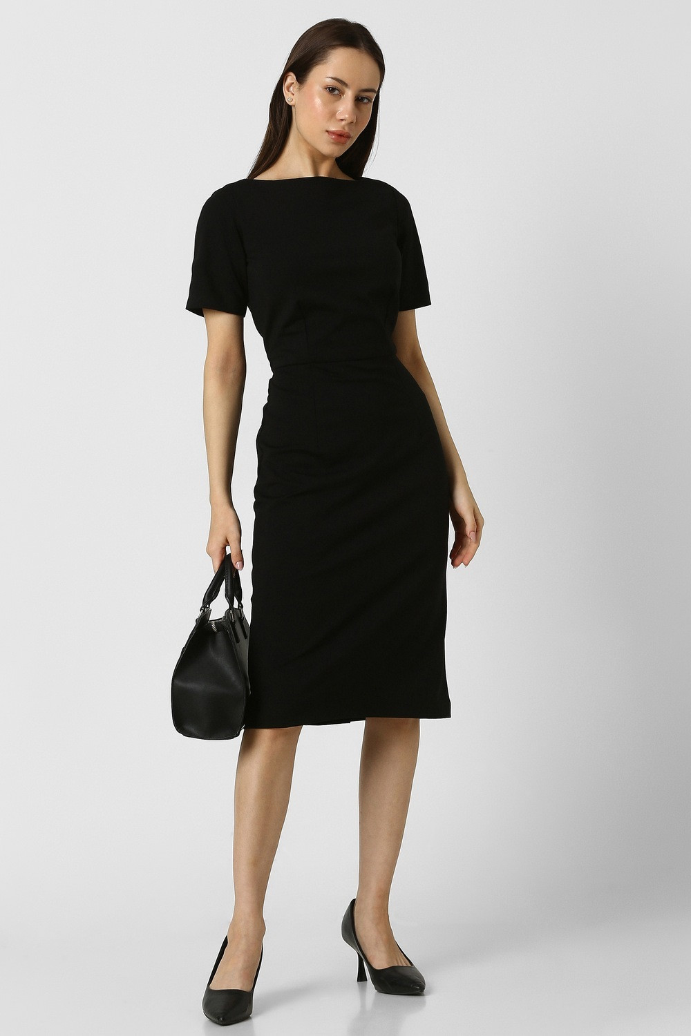 Image of VAN HEUSEN Women Fit and Flare Black Knee Length Dress