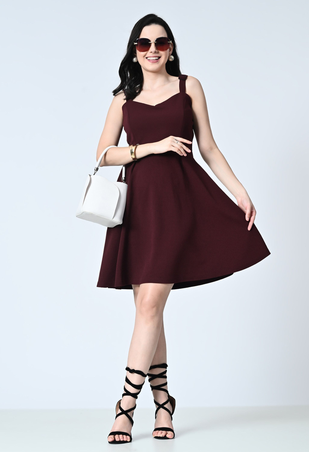 Image of OWL MINK Women Fit and Flare Maroon Knee Length Dress