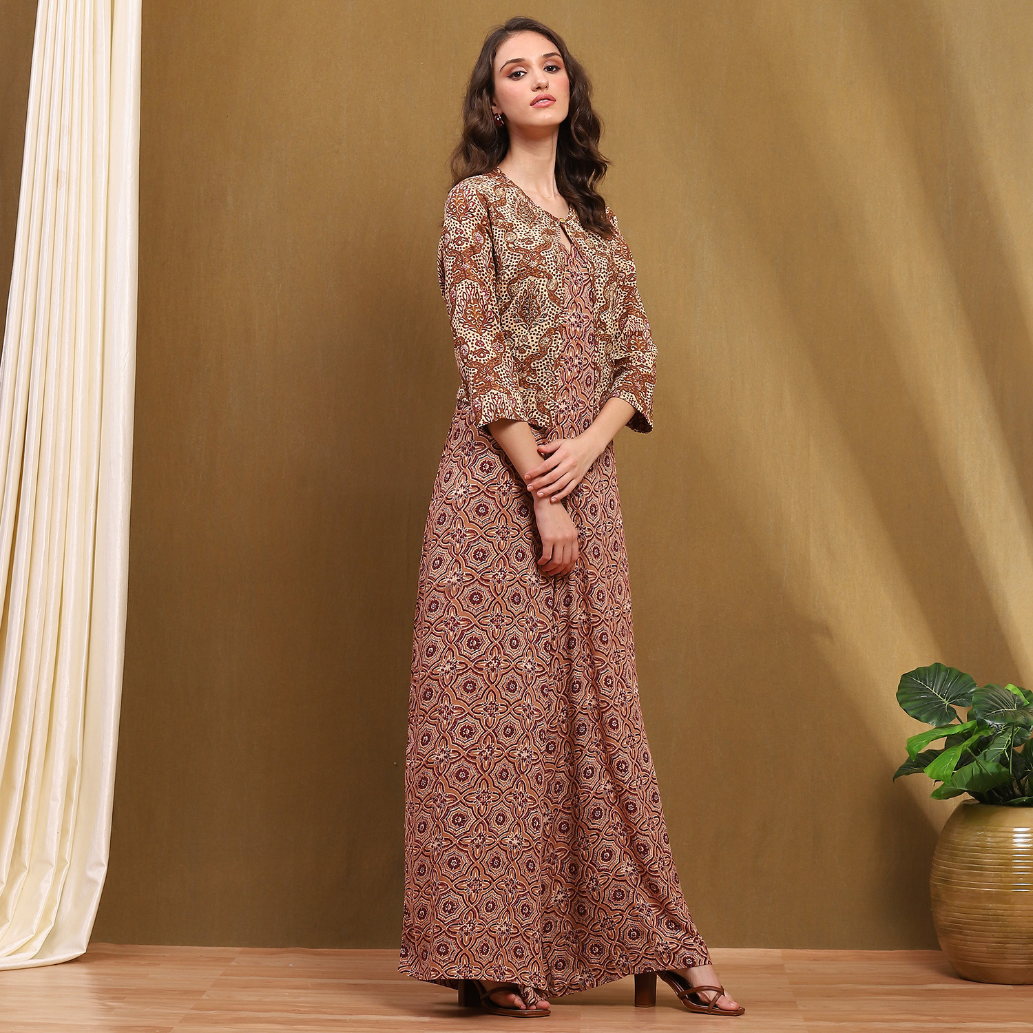 Image of BIBA Women A-line Beige Maxi /Full Length Dress
