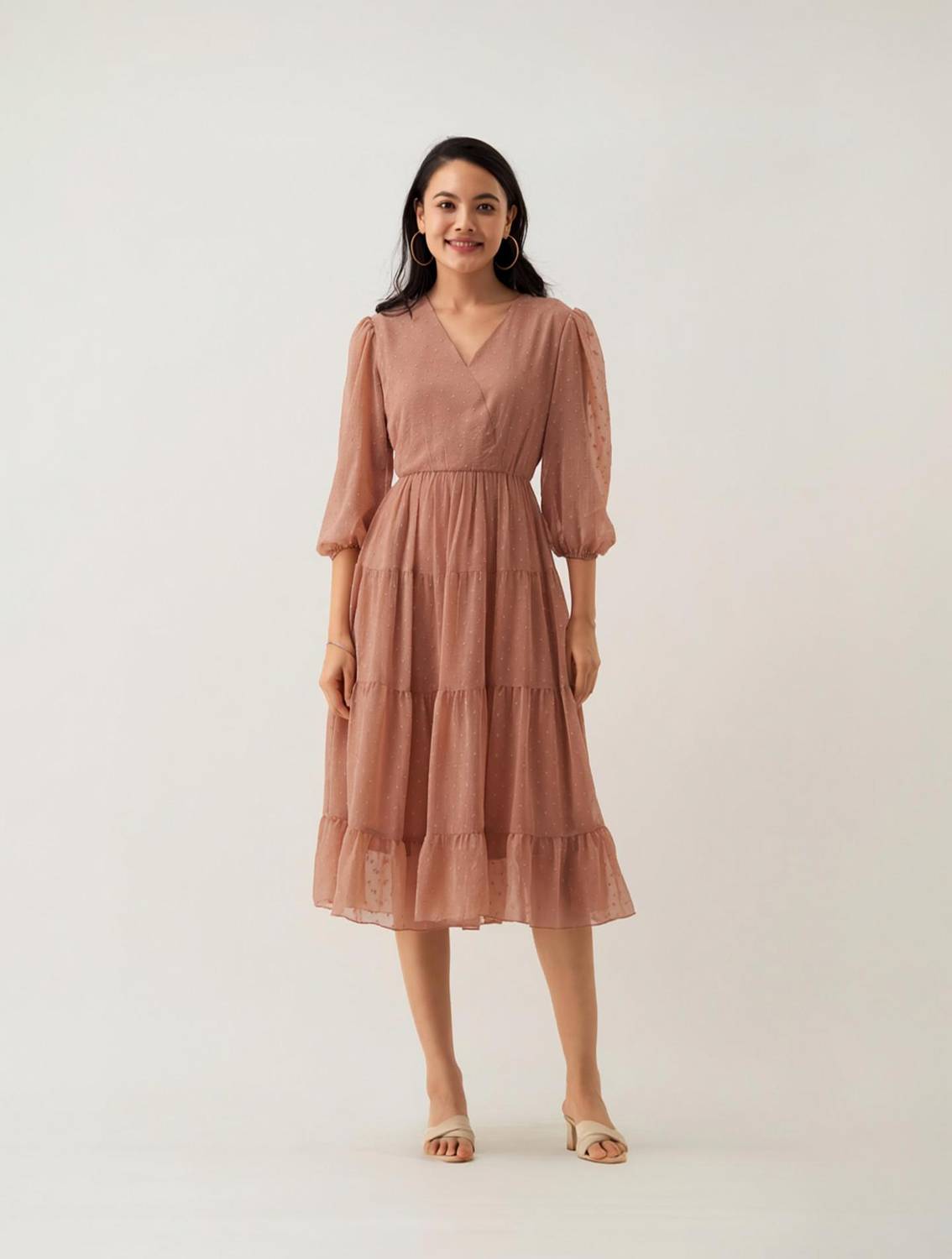 AASK Women Fit and Flare Beige Midi/Calf Length Dress