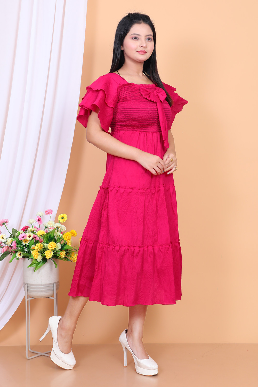 Image of DSGARMENT Women Fit and Flare Pink Maxi /Full Length Dress