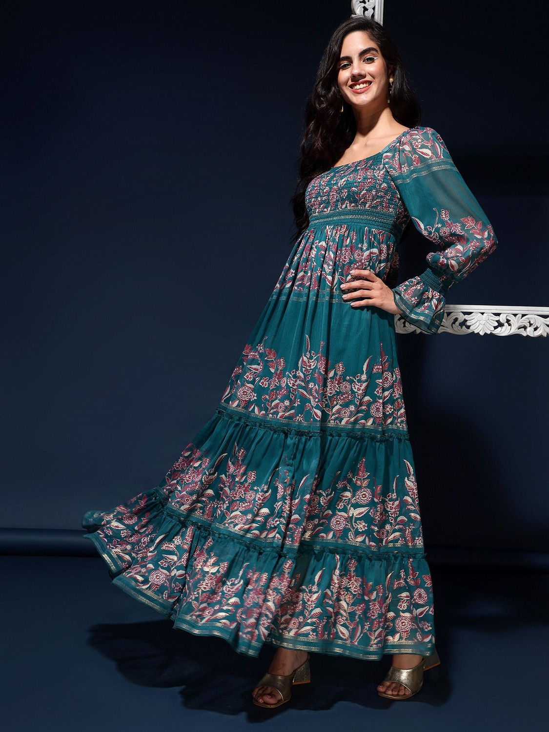 Image of HouseOfCommon Women Fit and Flare Green Maxi /Full Length Dress