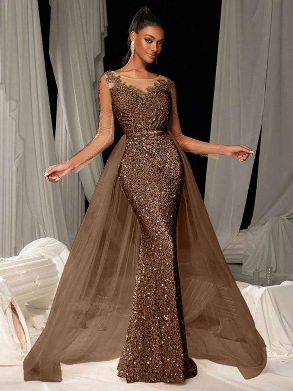 bebe brown dress Ombre Chiffon Cowl Dress in Brown White