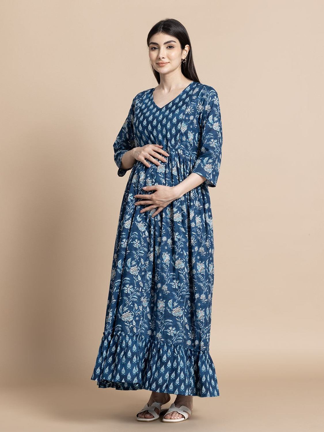 Image of Gulabi Jaipur Women Fit and Flare Blue, White Maxi /Full Length Dress