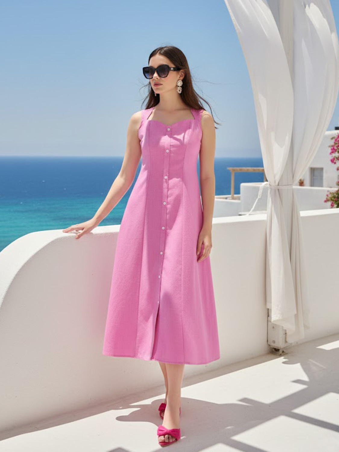 PURVAJA Women Fit and Flare Pink Midi/Calf Length Dress