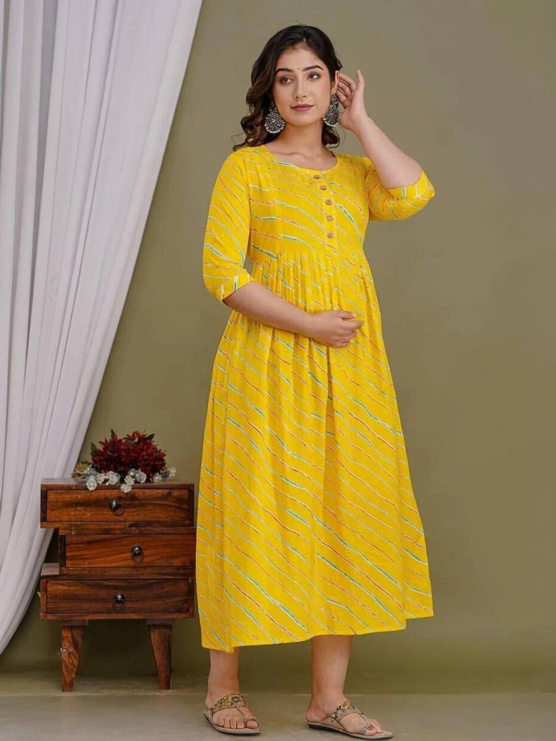 ANUOM Women Maxi Yellow Midi/Calf Length Dress