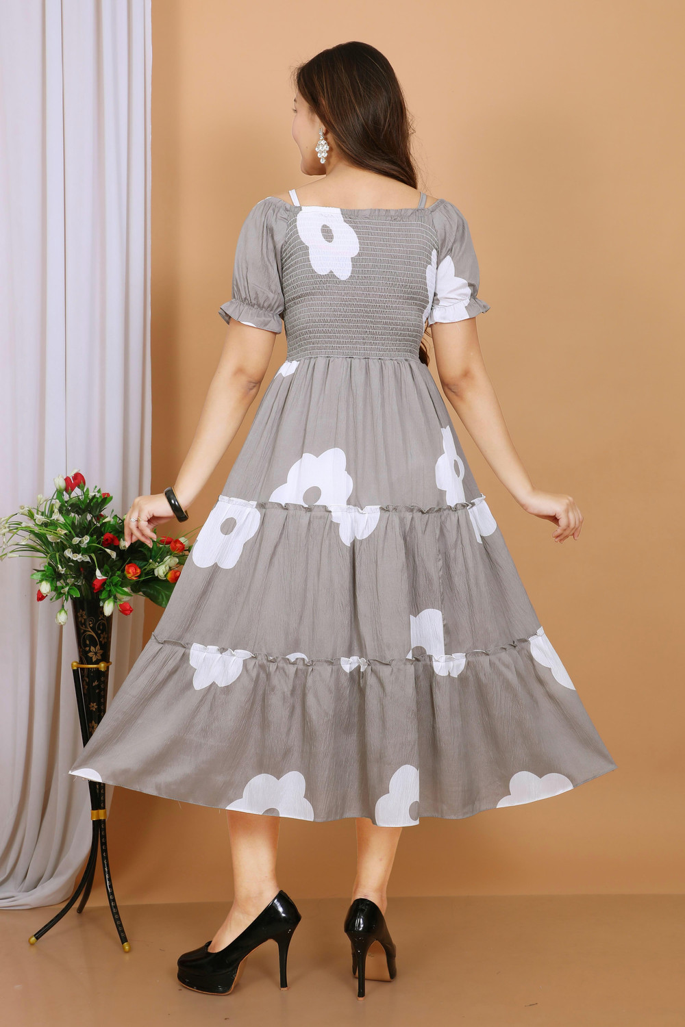 Image of DULHAN SAREES Women Tiered Grey Midi /Calf Length Dress