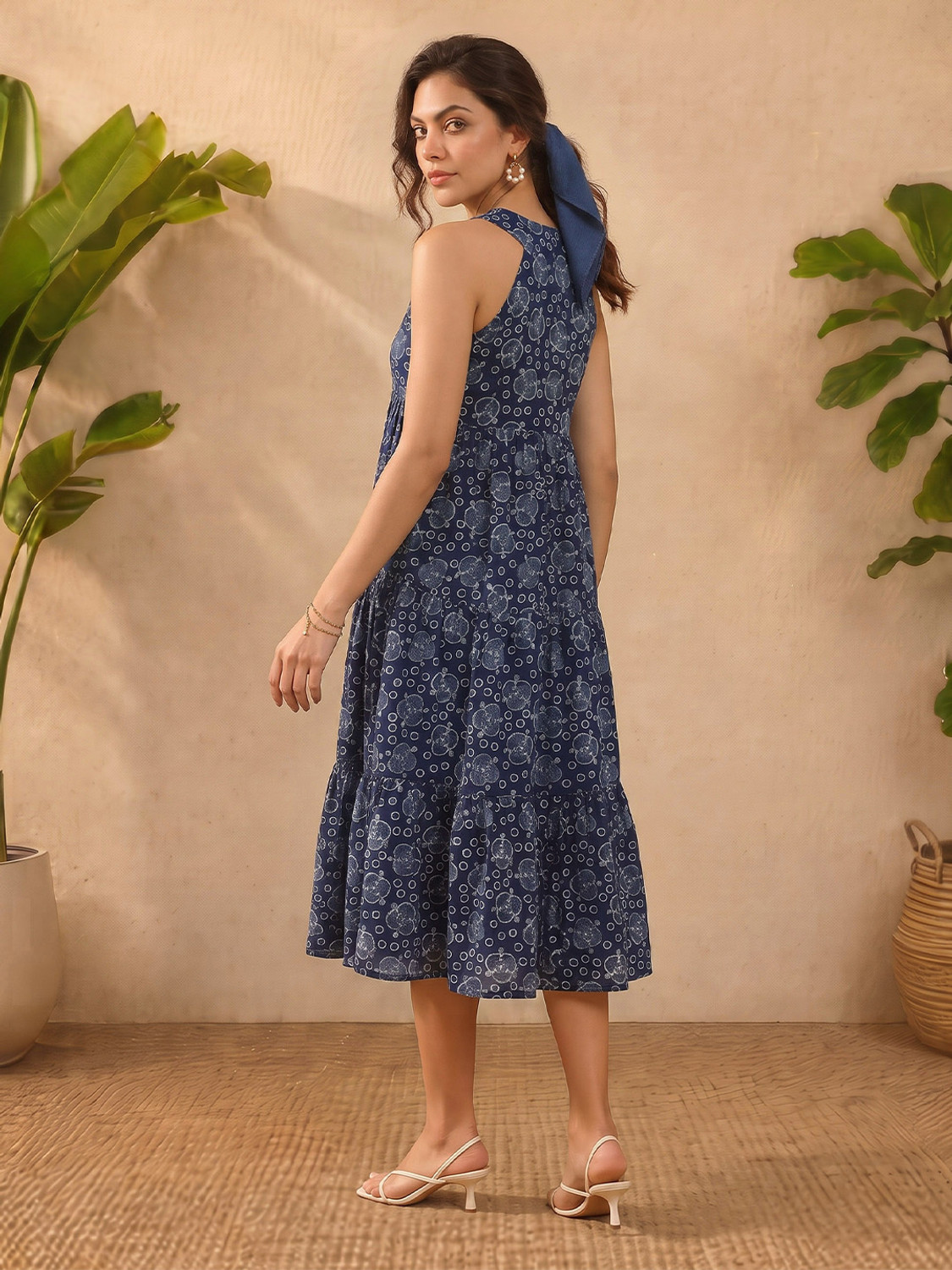 Image of Janasya Women Tiered Blue Midi /Calf Length Dress