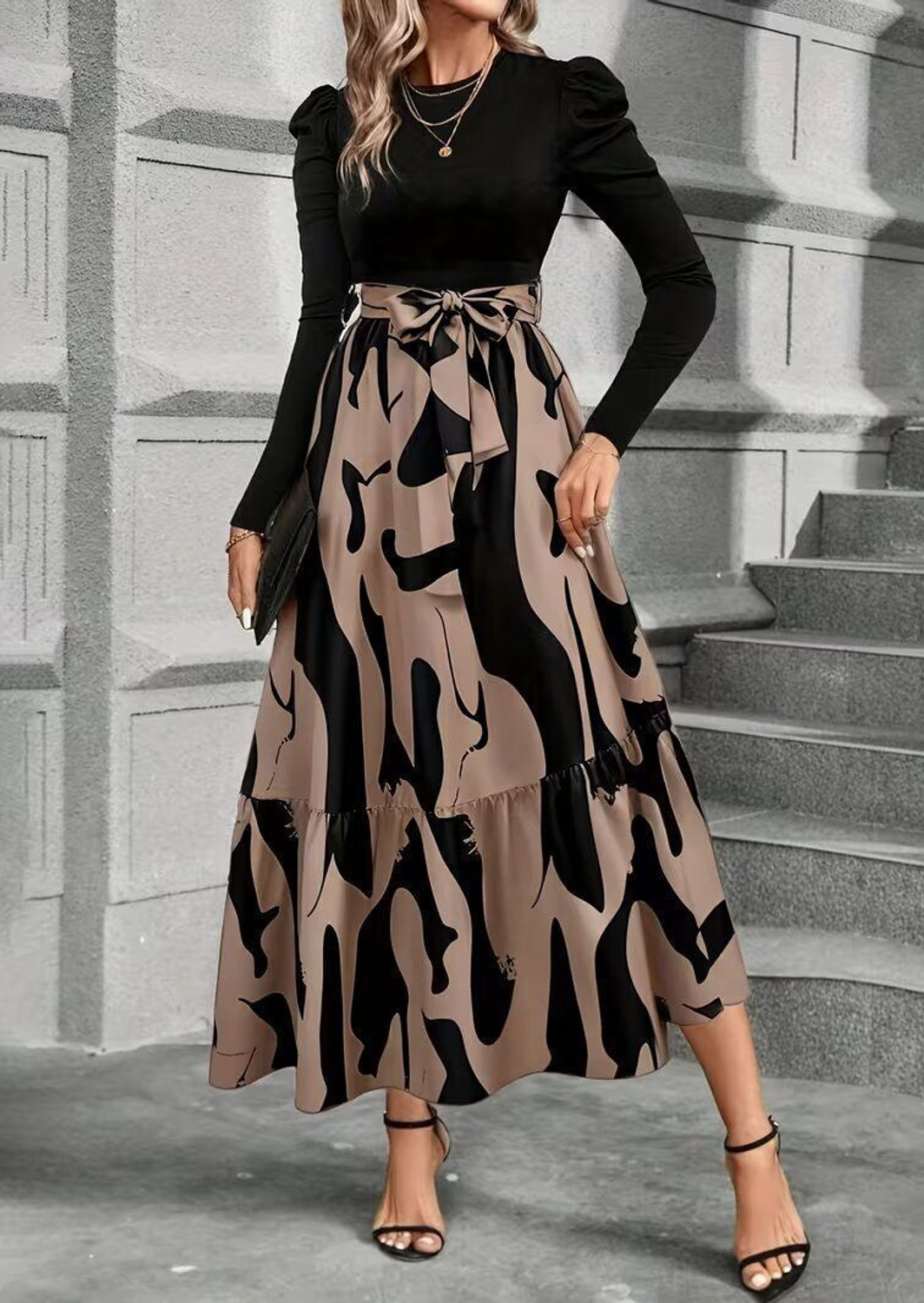 Image of JENKRA Women Fit and Flare Brown, Black Ankle Length Dress