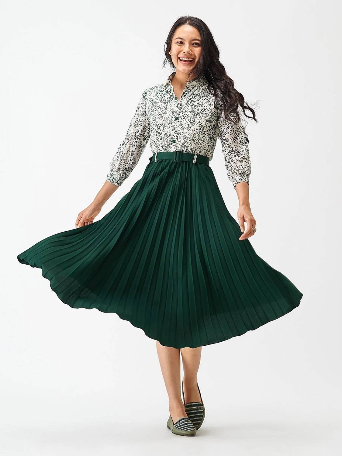 ZWERLON Women A-line Green Midi/Calf Length Dress