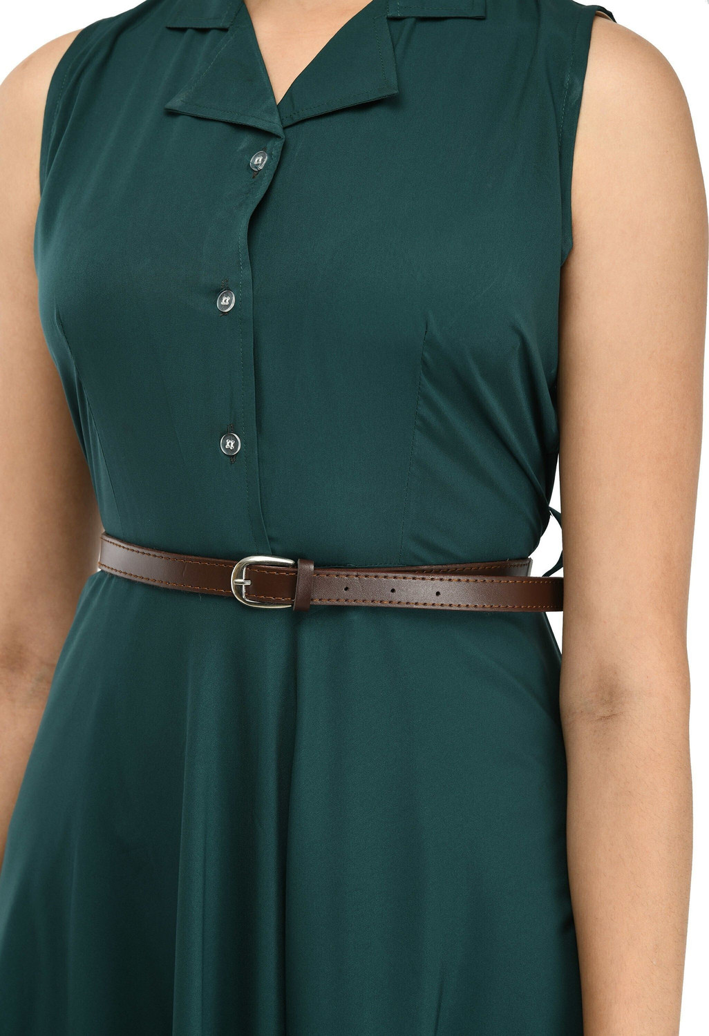Image of Rudraaksha Women Fit and Flare Green Below Knee Dress With Mask