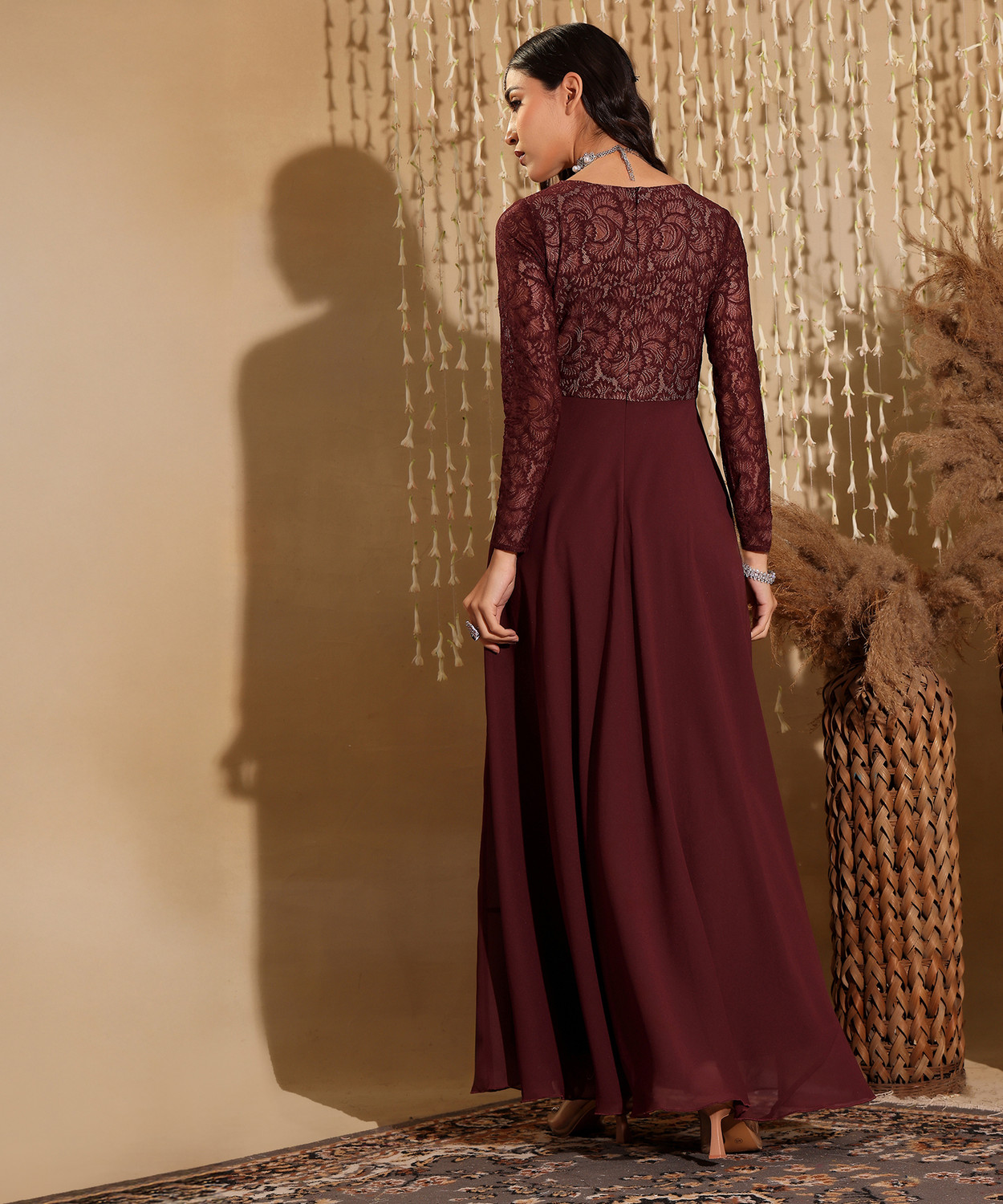 Image of Miss Chase Women Fit and Flare Maroon Maxi /Full Length Dress