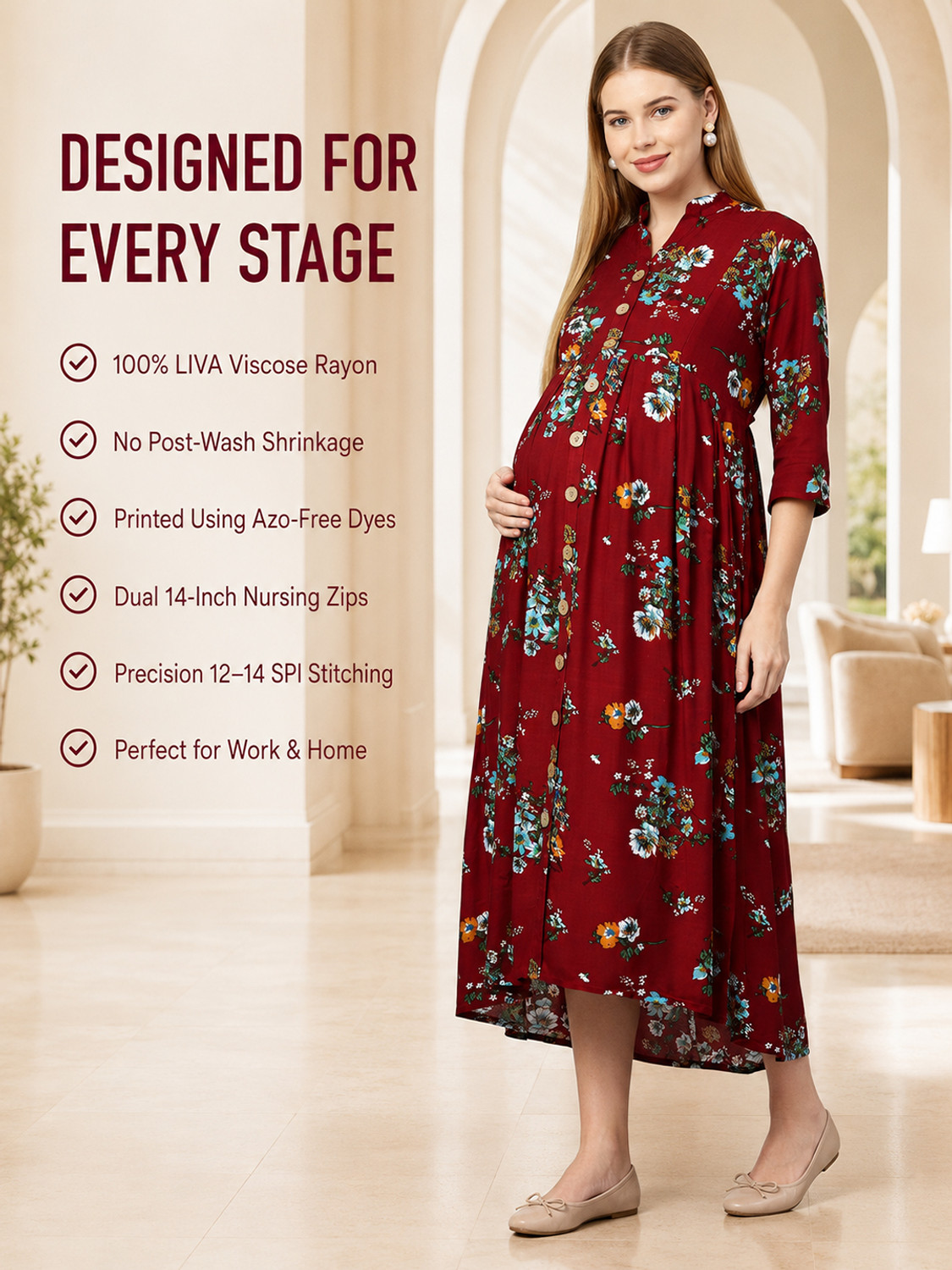 Image of MomToBe Women Fit and Flare Maroon Midi /Calf Length Dress