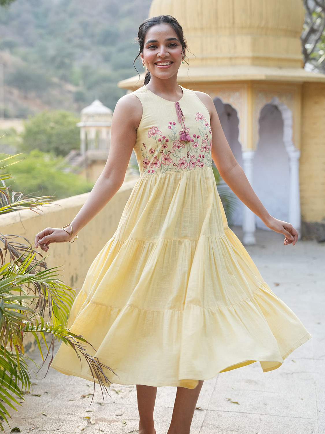 Image of Janasya Women Tiered Yellow Below Knee Dress