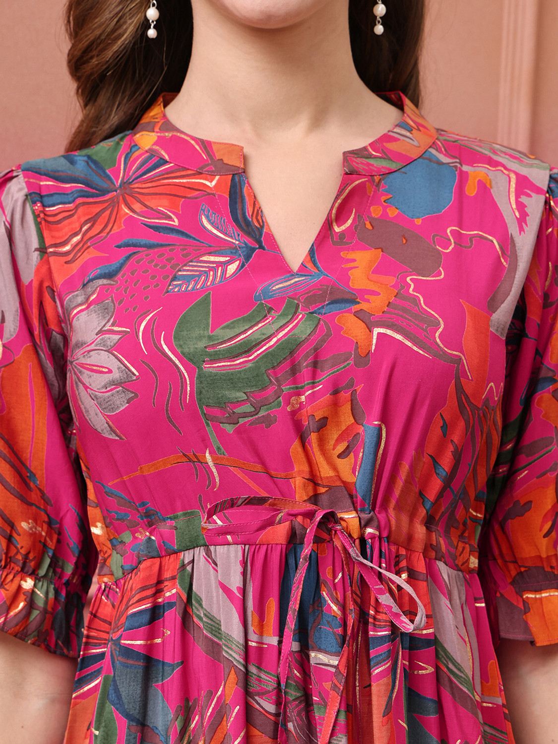 Image of Claura Women Fit and Flare Pink, Multicolor Below Knee Dress