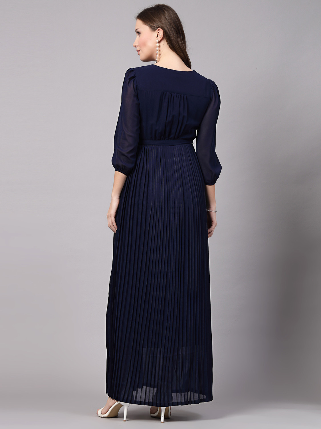 Image of AAYU Women Fit and Flare Dark Blue Maxi /Full Length Dress