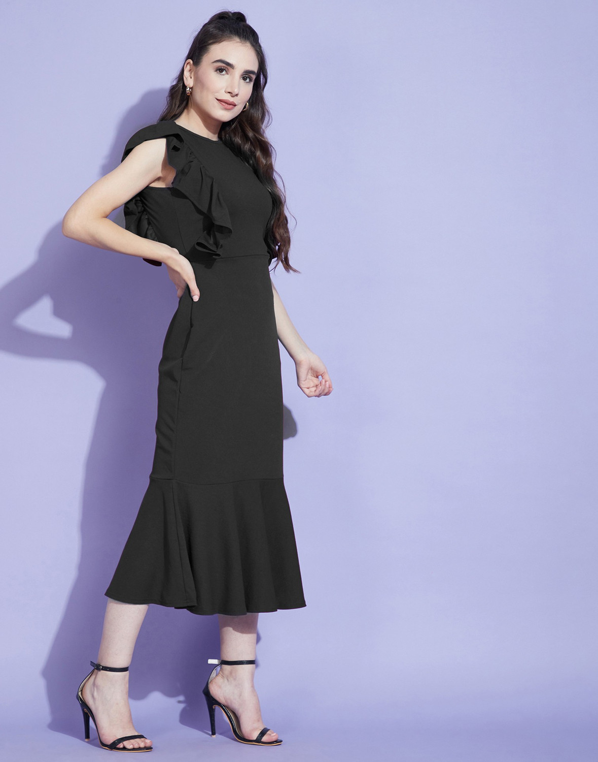 Image of Selvia Women Ruffled Black Midi /Calf Length Dress