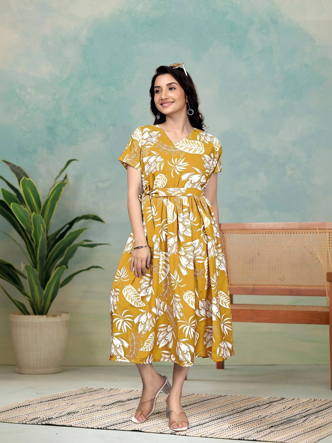 A.B.A Women Fit and Flare Yellow Midi/Calf Length Dress