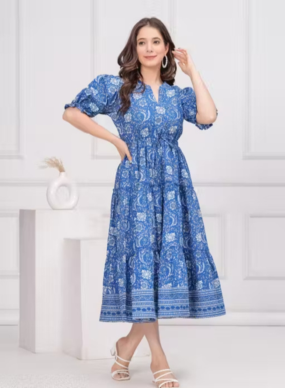 Image of Gustofab Women Fit and Flare Blue, White Midi /Calf Length Dress