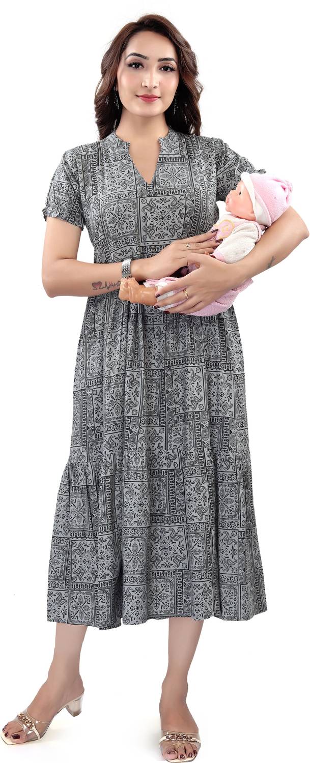 B2Fashion Women Fit and Flare Grey, Black Midi/Calf Length Dress