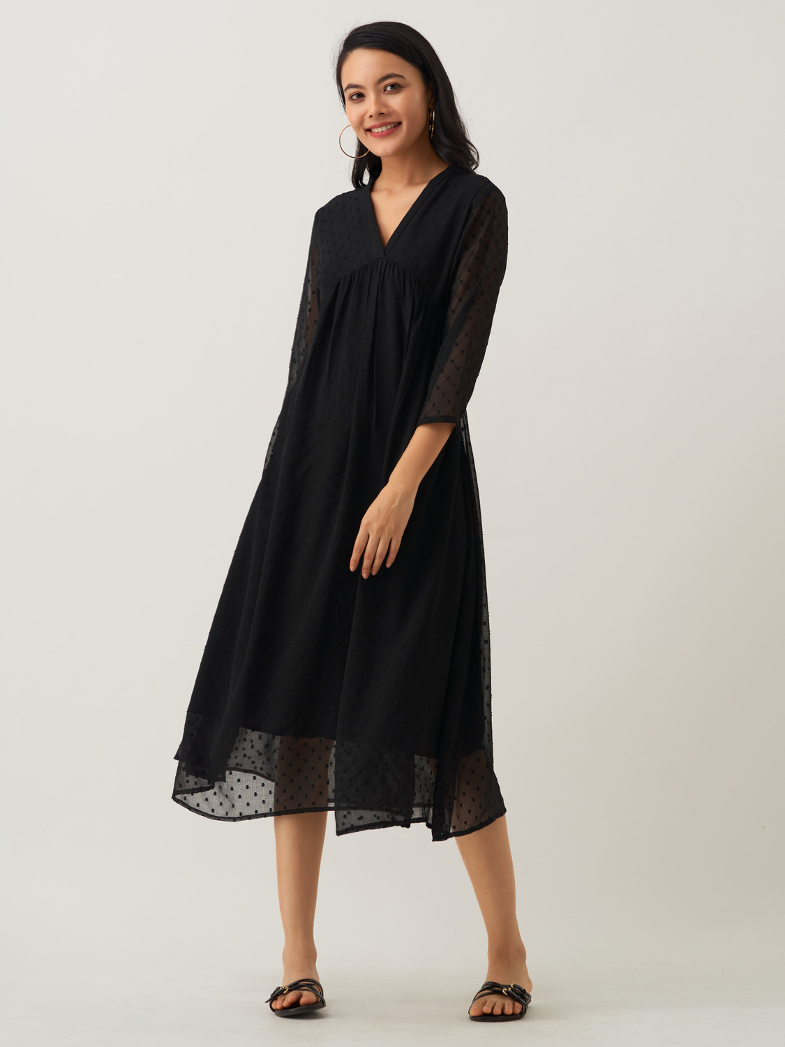 Image of AASK Women Fit and Flare Black Midi /Calf Length Dress