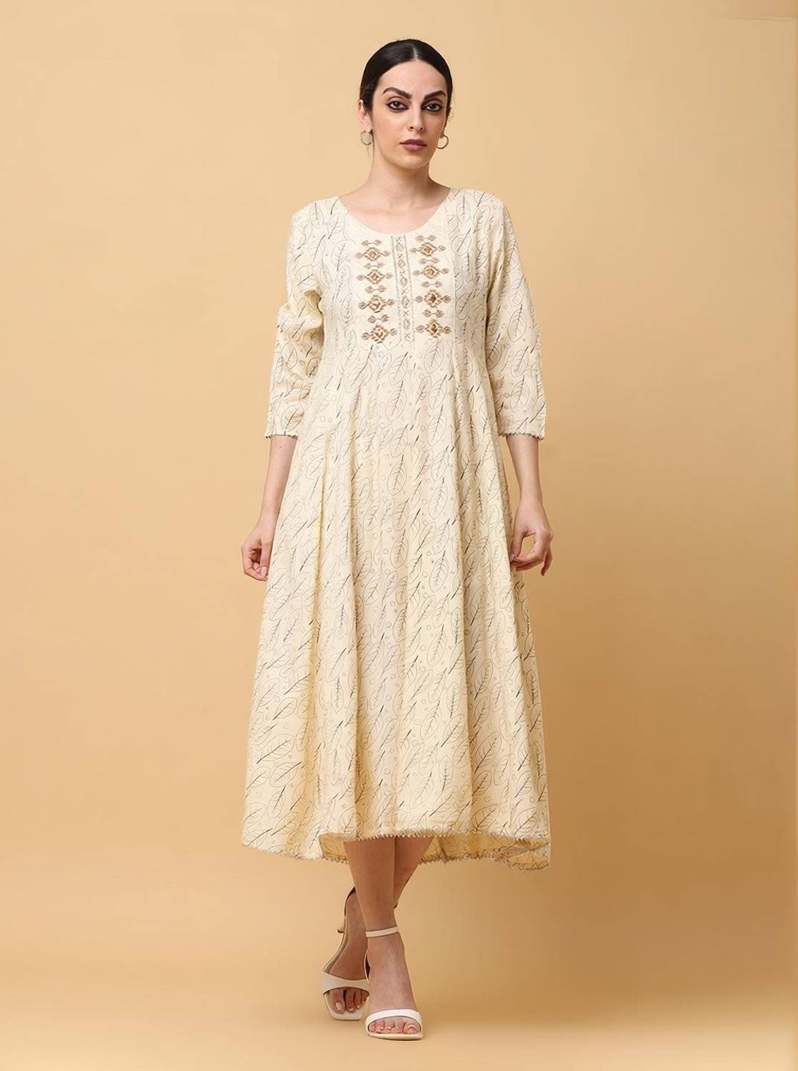 aayusika Women Fit and Flare Beige, Brown Midi/Calf Length Dress