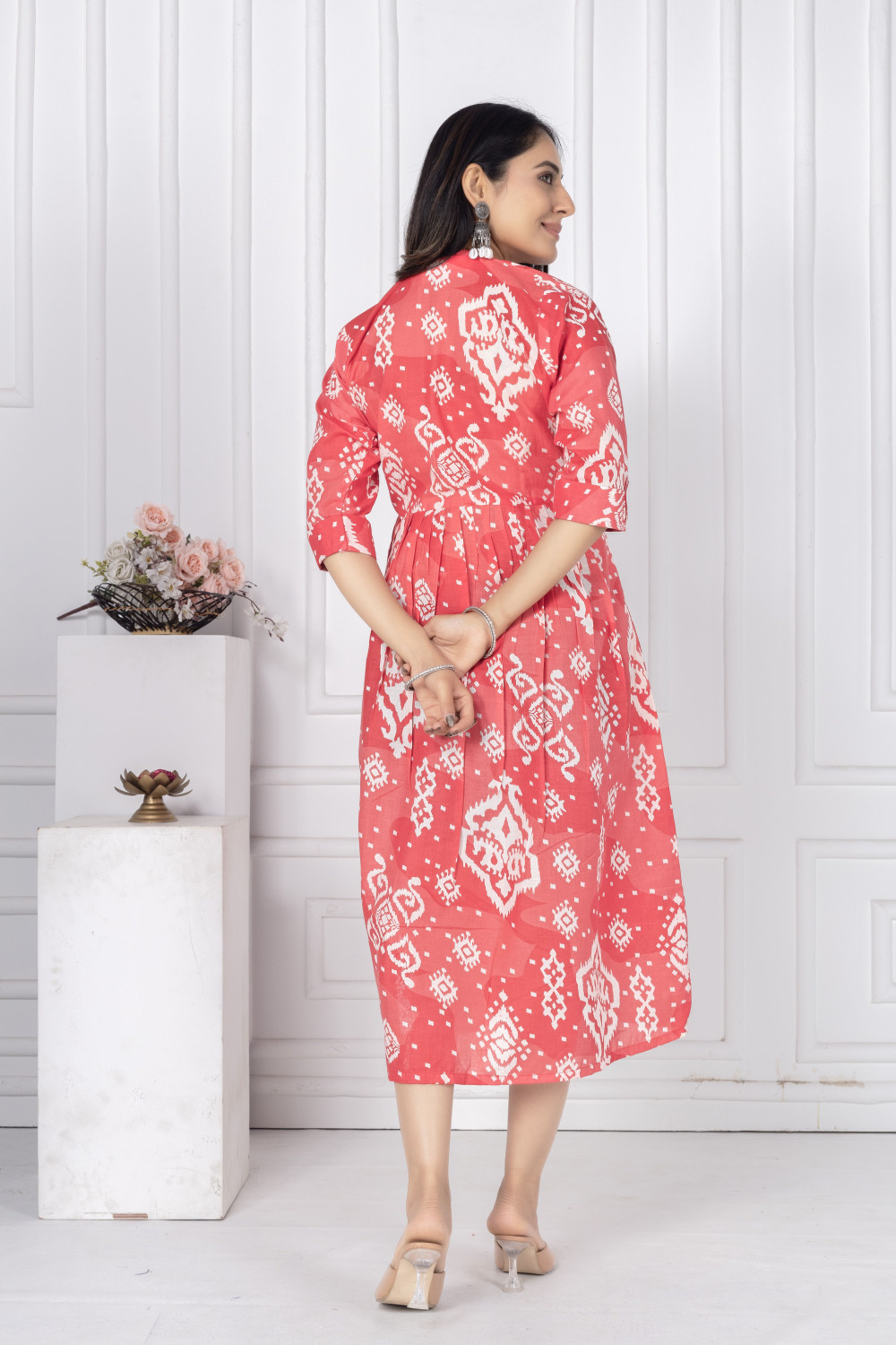 Image of KALAVRITTA Women Gathered Red Midi /Calf Length Dress