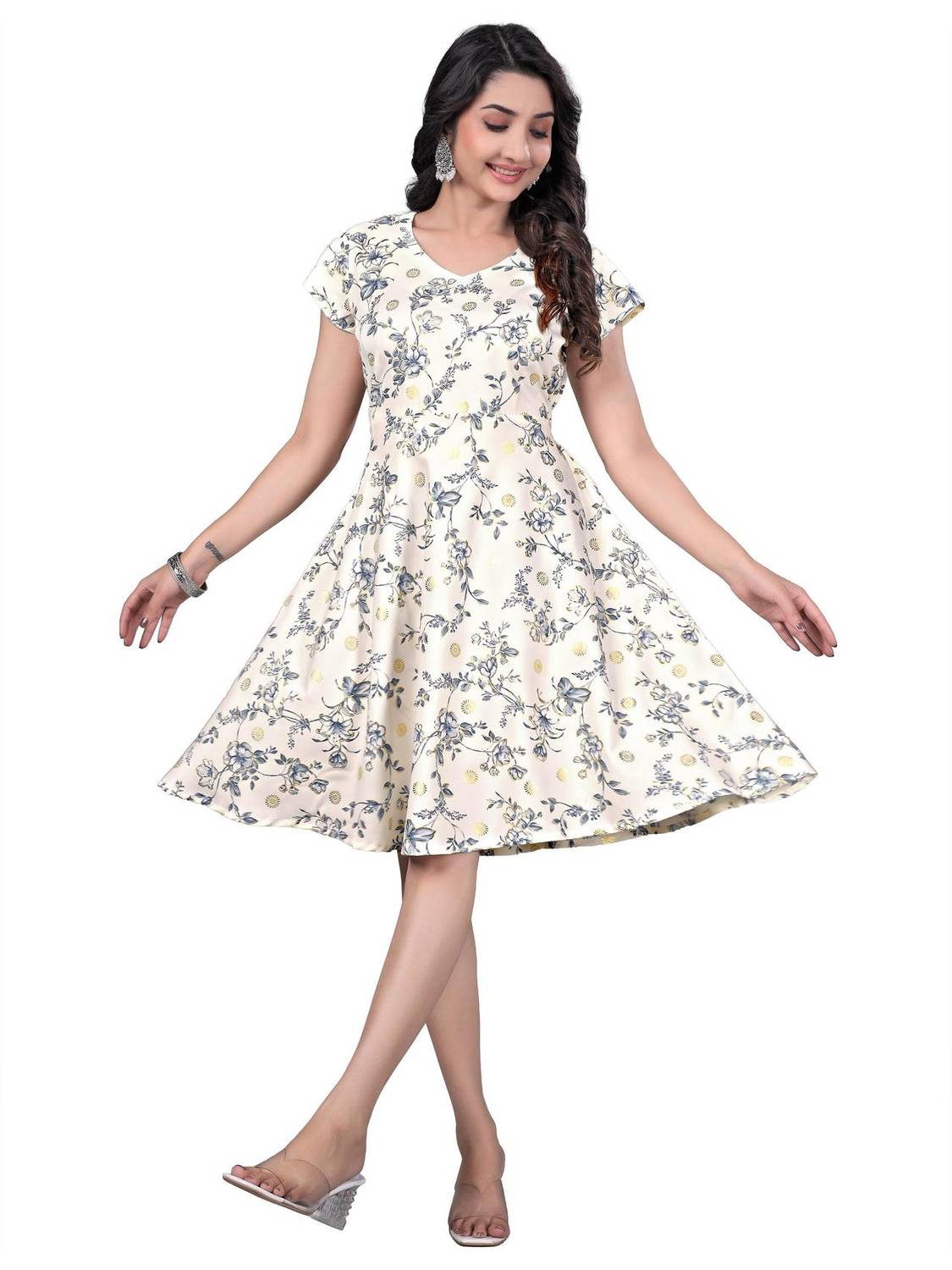 A.B.A Women Fit and Flare White Above Knee/Mid Thigh Length Dress