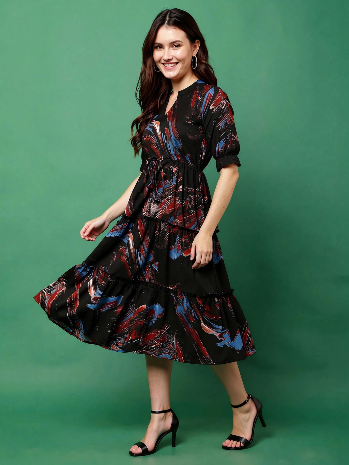 Image of JustHer Women Fit and Flare Black, Blue Midi /Calf Length Dress