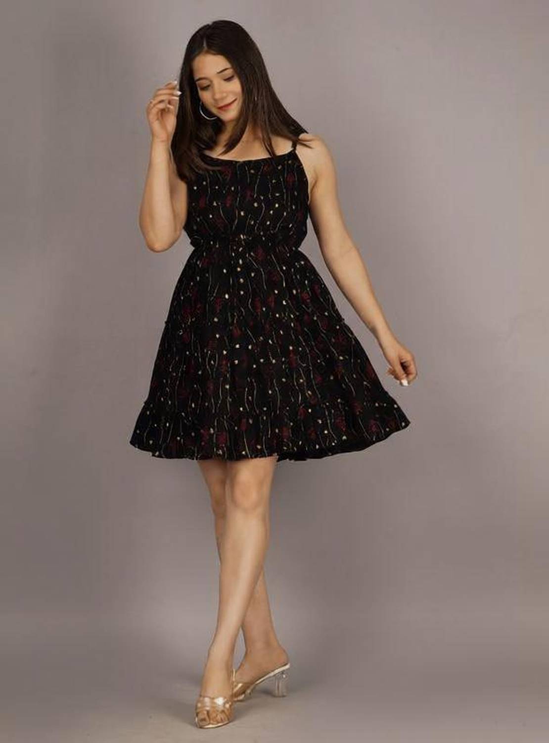 ASFEBRICS Women Fit and Flare Black Knee Length Dress