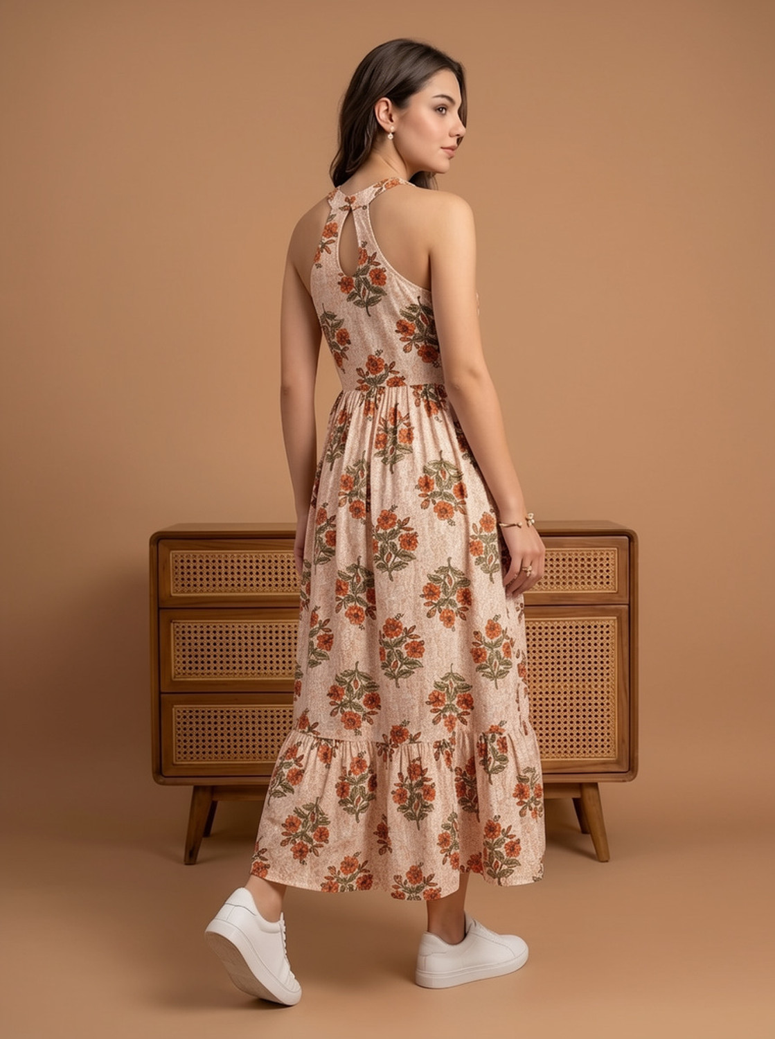 Image of PURSHOTTAM WALA Women Fit and Flare Orange Maxi /Full Length Dress