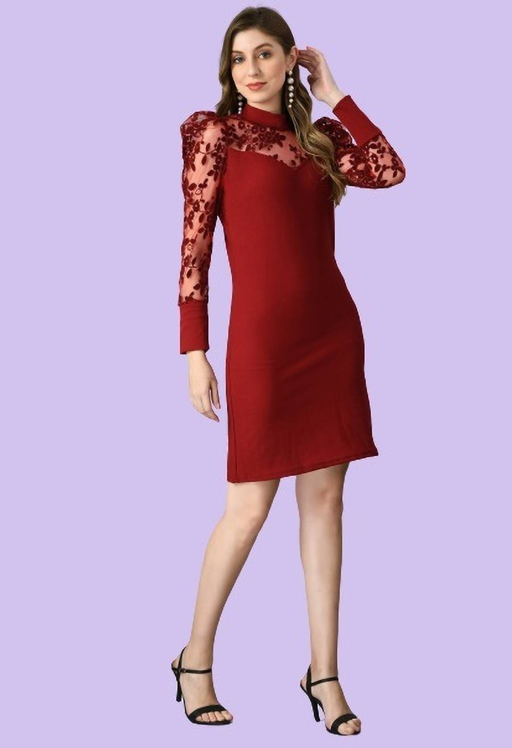 IUGA Women Bodycon Maroon Above Knee/Mid Thigh Length Dress