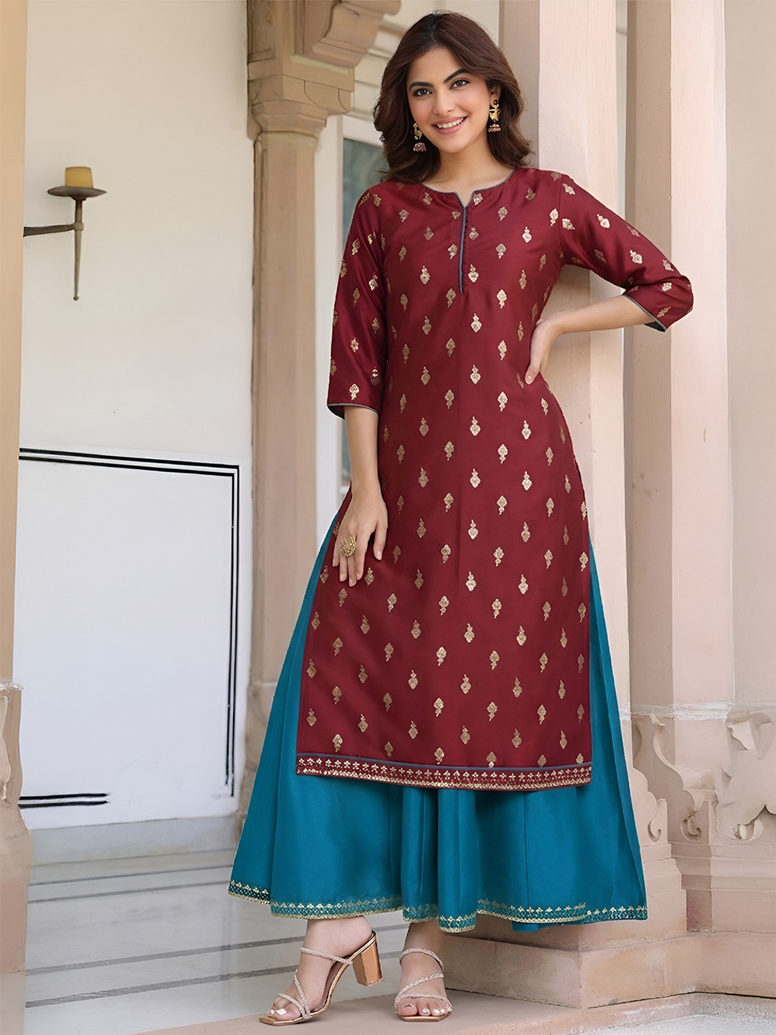 Image of Janasya Women Ethnic Dress Maroon Ankle Length Dress