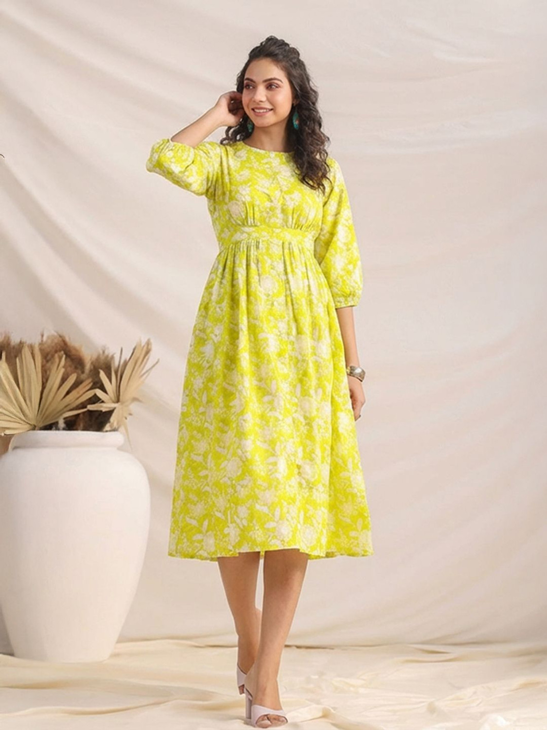 Image of Janasya Women Gathered Multicolor Midi /Calf Length Dress