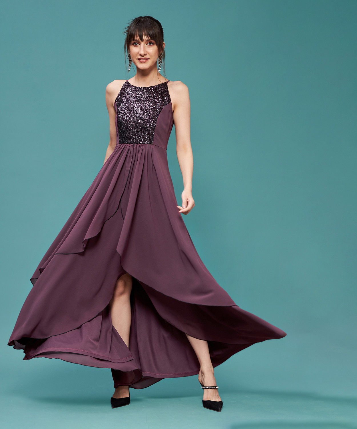 Image of Miss Chase Women Layered Purple Midi /Calf Length Dress